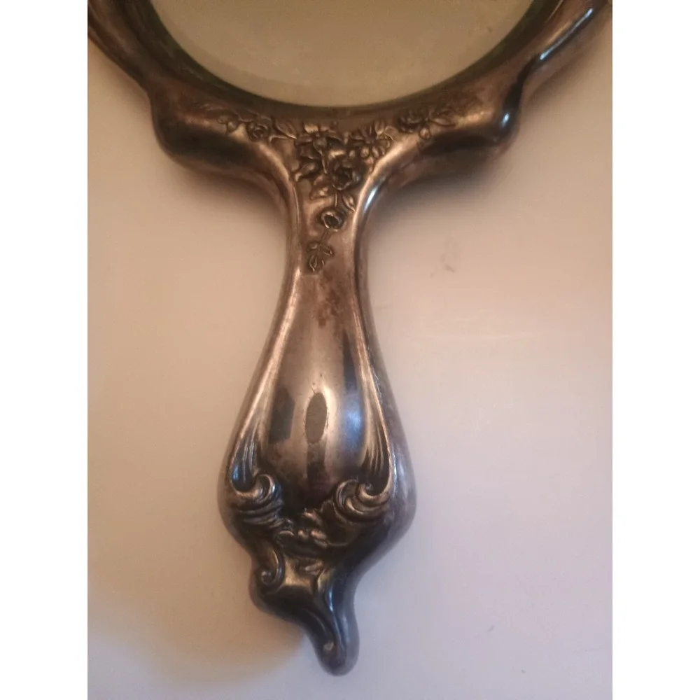 Antique 1900s Silver Plated Hand Mirror W Cherub and Floral Motif Heavy